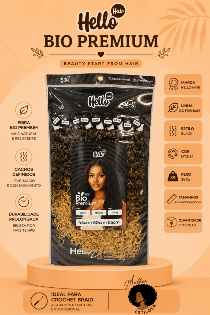 Hello Hair Bio Premium – Fibra Orgânica para Entrelace | Estilo Black | 280g | 45cm, 50cm e 55cm
