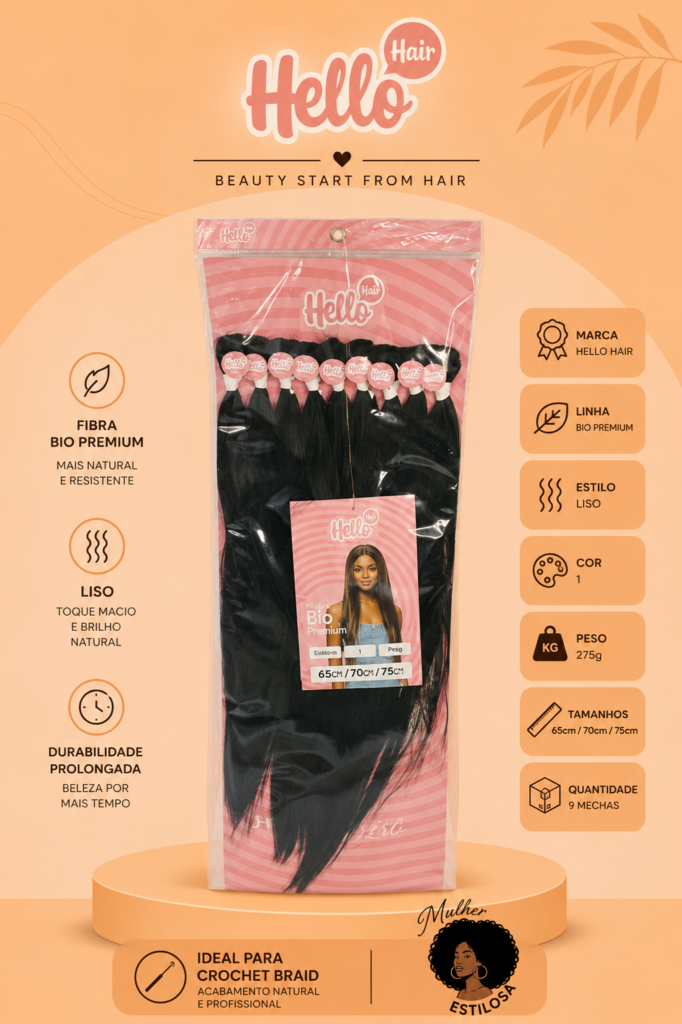 Hello Hair Bio Classic – Fibra Orgânica Lisa para Entrelace | Modelo Brilliant | 275g | 65cm, 70cm e 75cm