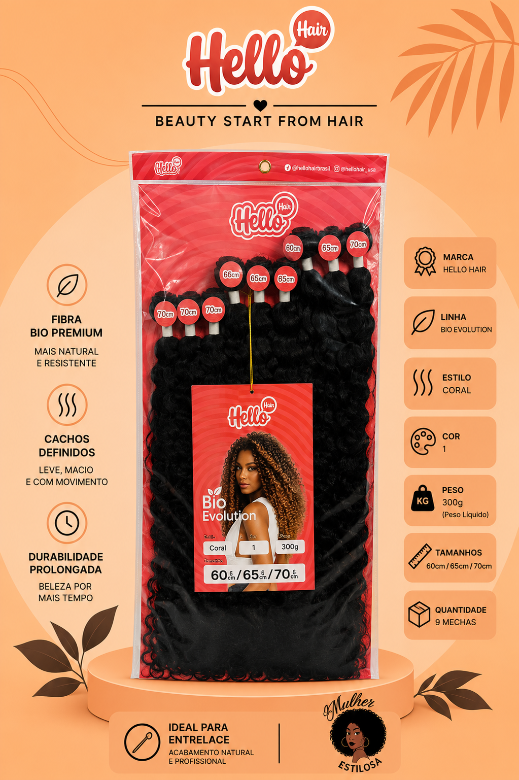 Hello Hair Bio Evolution Coral – Fibra Bio Premium para Entrelace – 300g