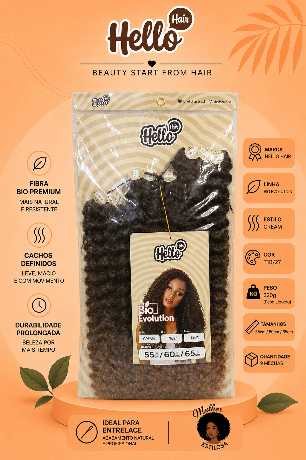 Hello Hair Bio Evolution Cream – Fibra Bio Premium para Crochet Braid – 320g